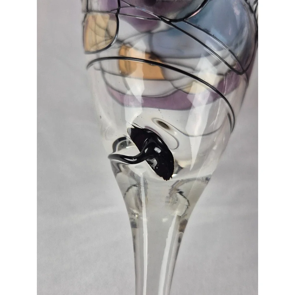 Set 2 Hand Painted Art Glass Champagne Flutes Abstract Gold Purple Toast Glasses